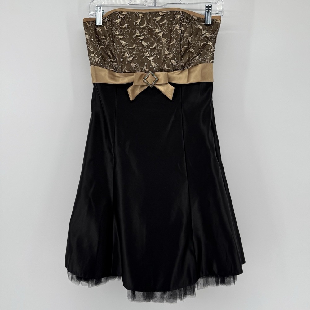 Vintage Jessica McClintock Gunne Sax Strapless Black Gold Short Dress Sz 5 Prom